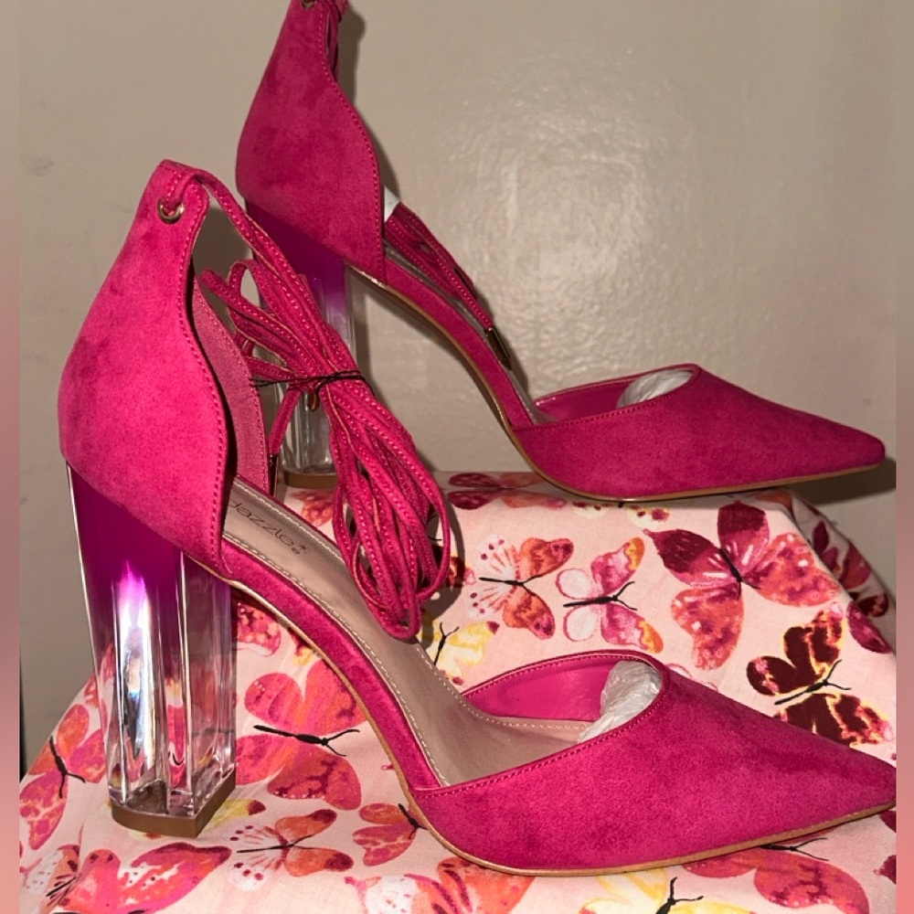 Size 10w Fuschia Lucite Heeled Strappy Pointy Pump